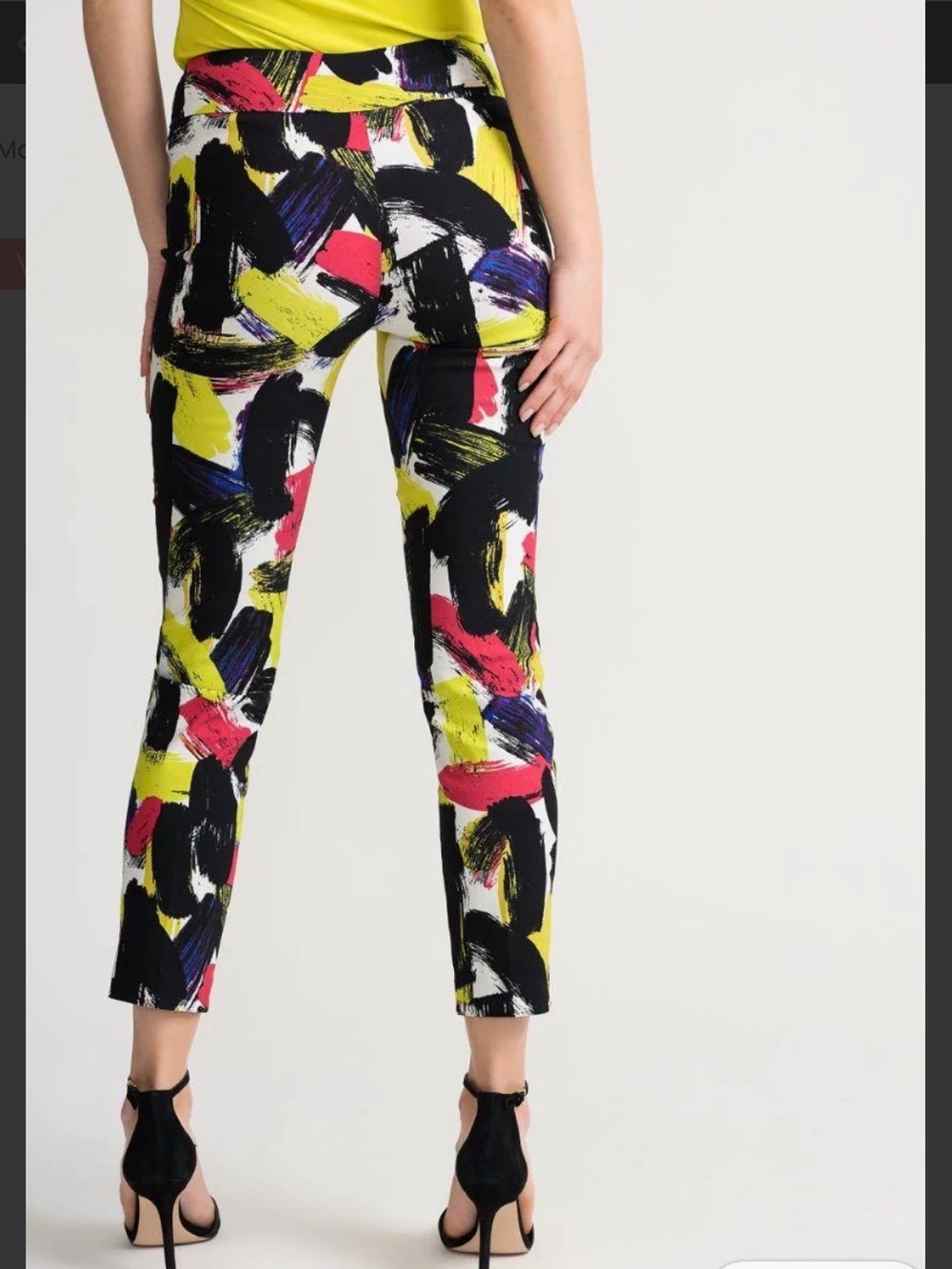 Joseph Ribkoff Slim Ankle Pants in Yellow, Black & Pink Brushstroke Print